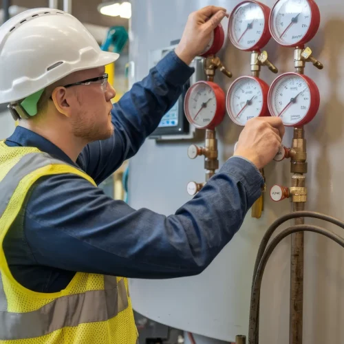 gas-boiler-operator-helmet-vest-checks-pressure-readings-manometers-production